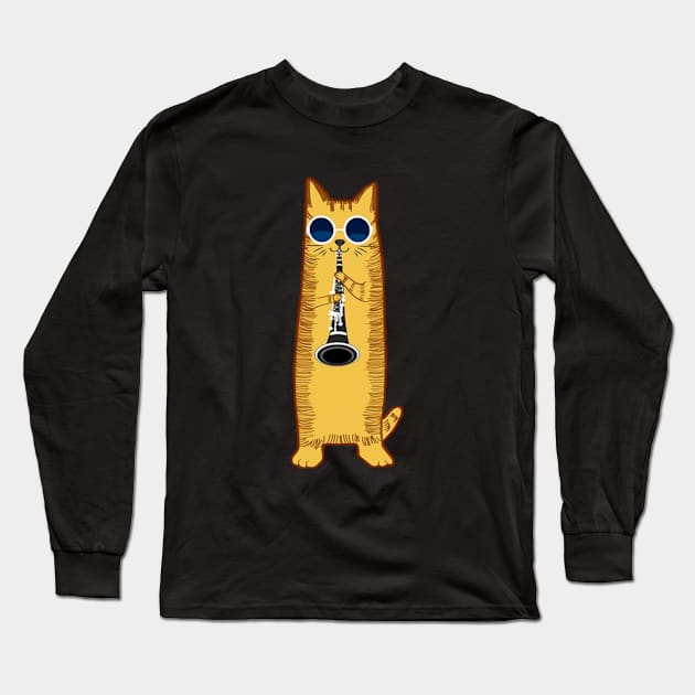 Cool Hippy Hipster Cat Playing The Clarinet Long Sleeve T-Shirt by kiwodesign